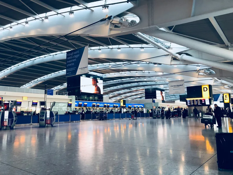 Check-in hall at a London airport terminal serving Heathrow and Gatwick passengers